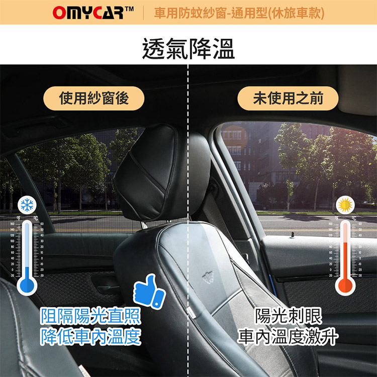 OMYCAR車用防蚊紗窗-通用型(休旅車款)使用紗窗後透氣降溫阻隔陽光直照降低車內溫度未使用之前陽光刺眼車內溫度激升